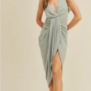 Asymmetrical Sage Green Draped Halter Dress